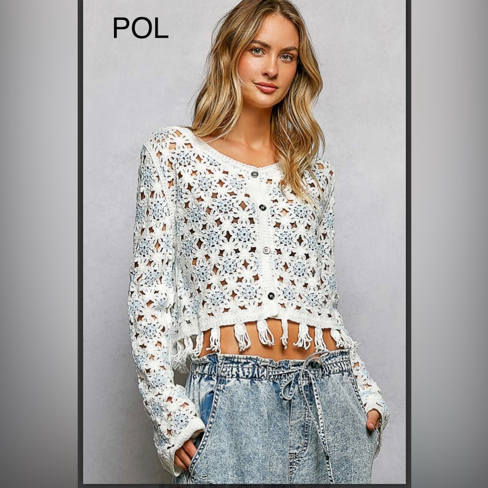 BP220-3🤍💙NEW! POL pizazz in  White Crochet Fringe Cardi w/blue accents! Elevated